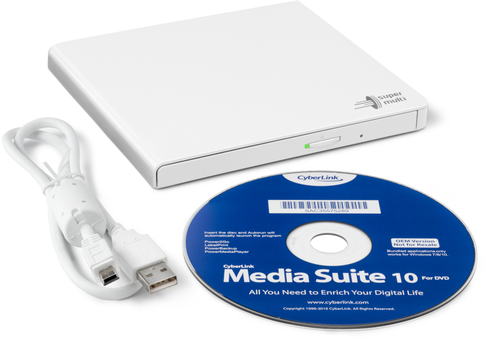 A white, portable CD/DVD drive with a USB cable and a CyberLink Media Suite 10 disc on a white surface.