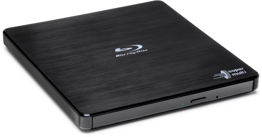 A black Blu-ray Disc drive in a closed, rectangular shape.