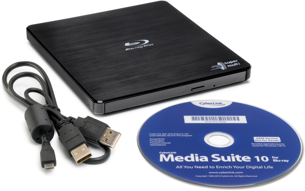 Black Blu-ray drive with cable and CD. Blu-ray disc with text. White background.