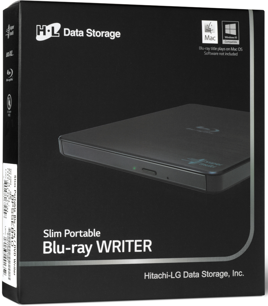 Black box labeled 'H.L. Data Storage' with a Blu-ray writer, and Mac/Windows compatibility.