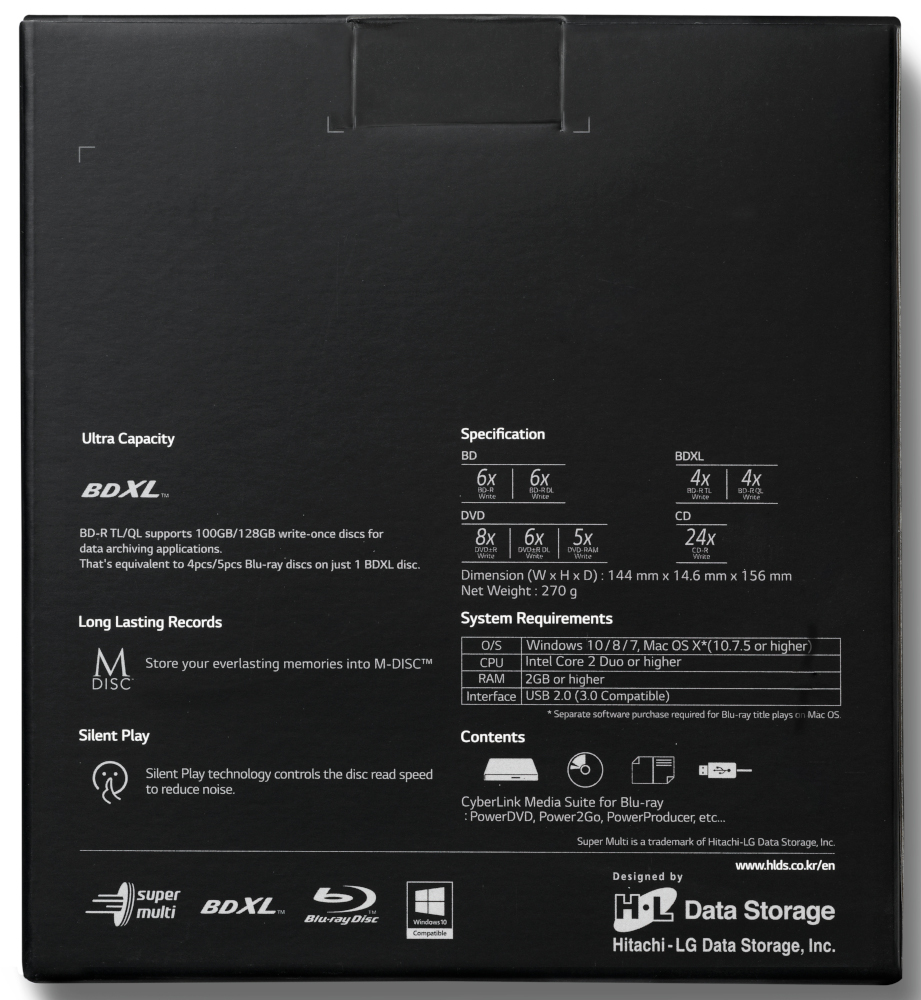 Black box with product specifications and text about data archiving.
