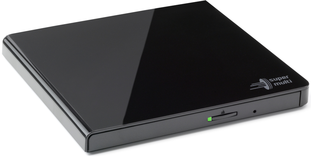 A black, rectangular external DVD drive with a green light, and the words "super multi" on its surface.