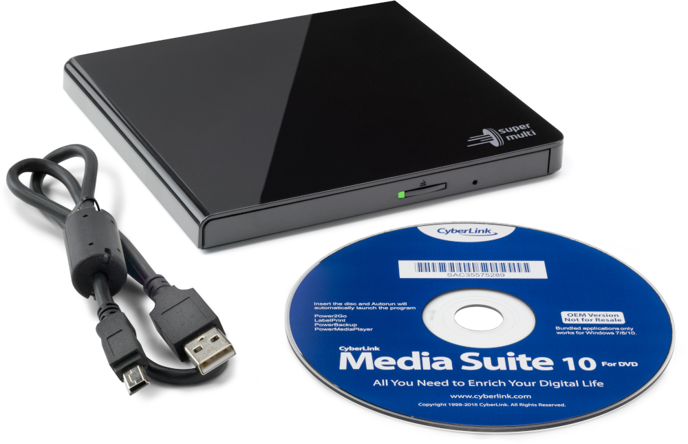 Black Blu-ray writer, USB cable, and CyberLink Media Suite 10 DVD on a white background.