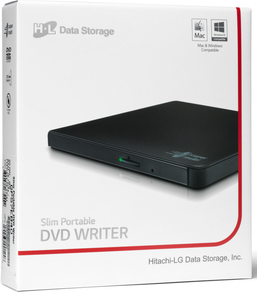 White box with black slim portable DVD writer. Text on box: Slim Portable DVD WRITER.
