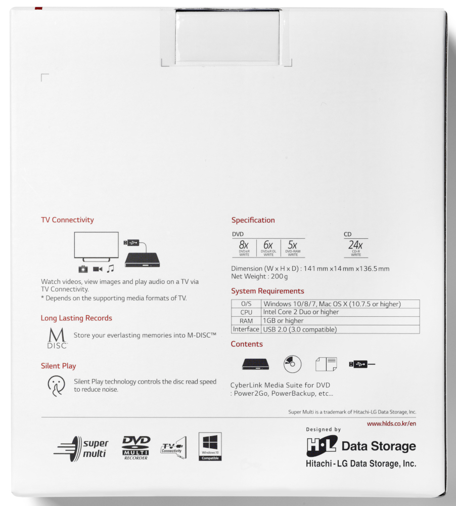 Back of a white device with specifications, DVD/CD logo, and a TV connectivity diagram.