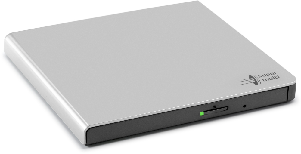 A silver Blu-ray Disc drive in a closed, rectangular shape.