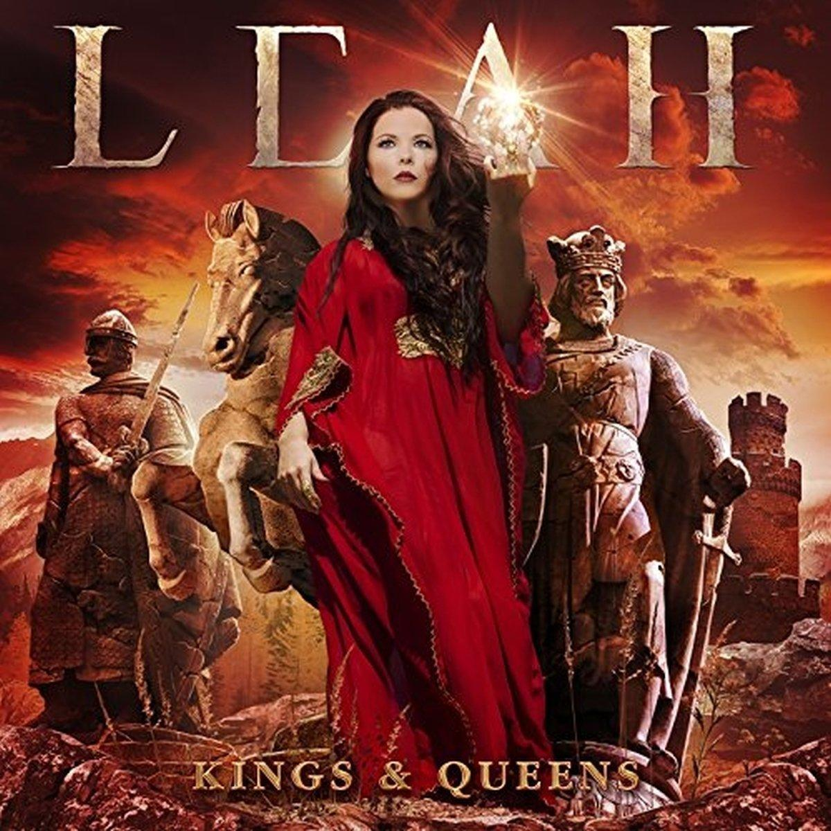 Albumcover: Frau in rotem Kleid hält Kugel, Figuren mit Pferd, Burg und Text.
