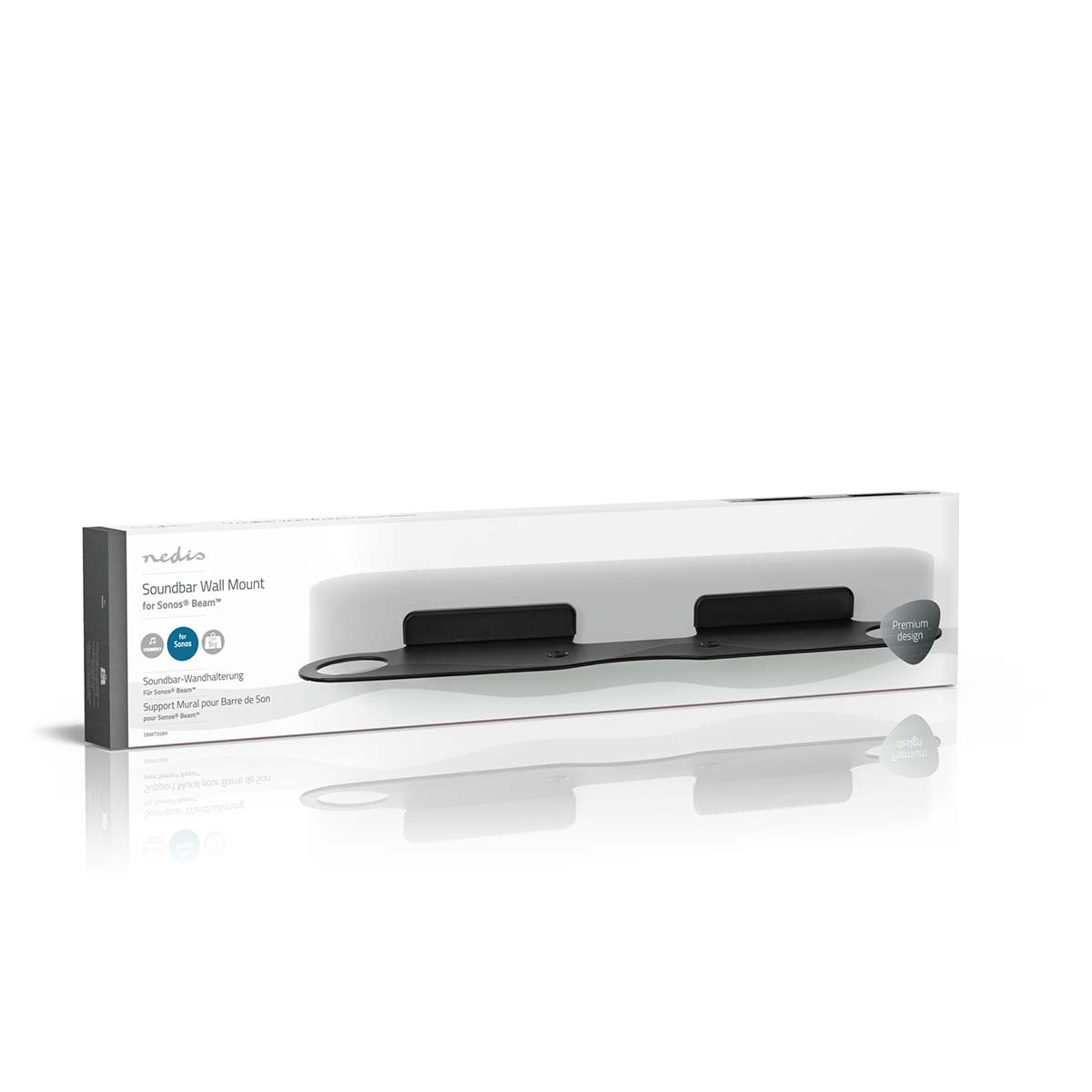 Soundbar-Wandhalterung in einer Box. Es hat ein weißes und schwarzes Farbschema. Der Markenname ist Nedis.