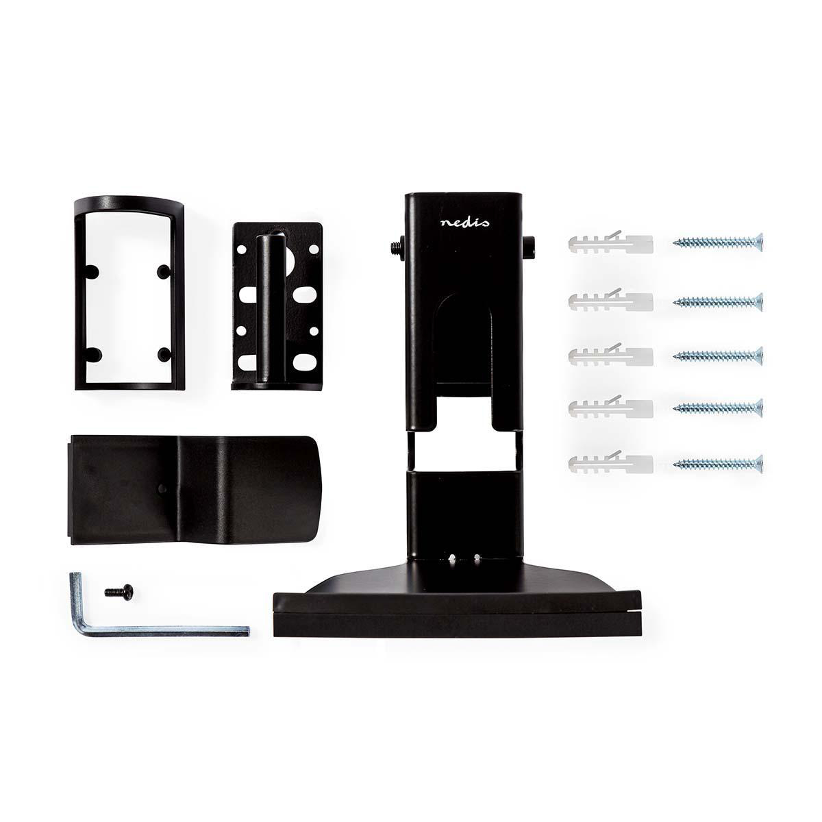 Ein schwarzes Soundbar-Montageset mit Schrauben und anderen Teilen auf Weiß.