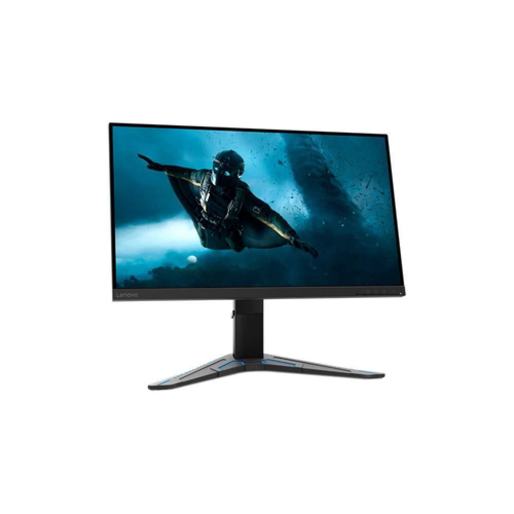 Un monitor Lenovo que muestra a una persona con traje de vuelo en una escena futurista.