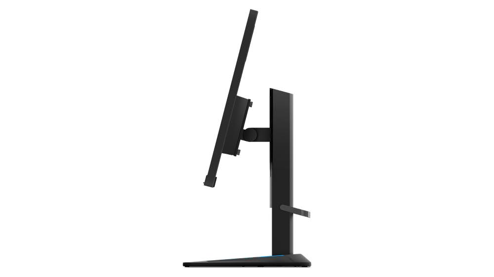 Vista de perfil de un monitor negro, con soporte y base, sobre fondo blanco.
