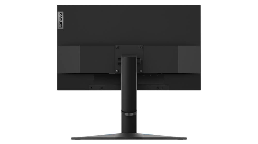Vista trasera de un monitor Lenovo negro con soporte y el logotipo de Lenovo.
