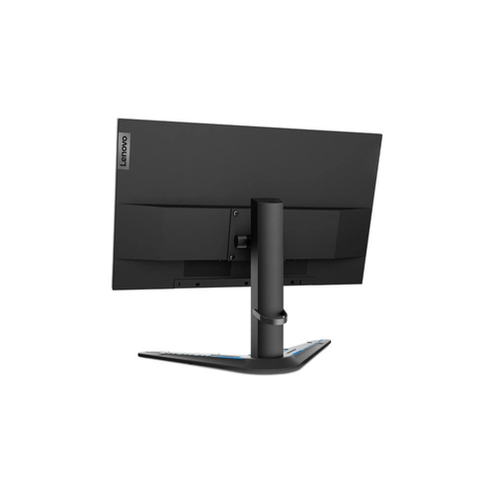 Vista trasera del monitor Lenovo negro. Soporte y base negros. Fondo blanco.