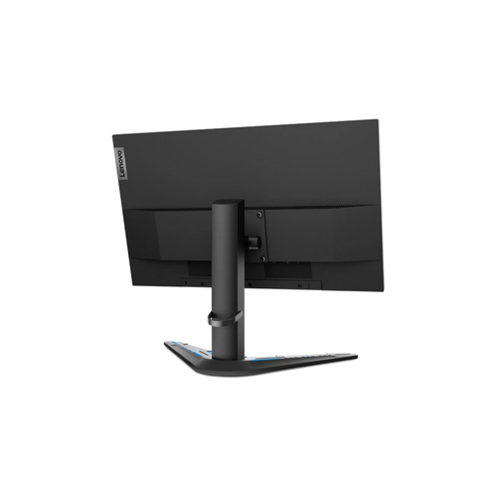 Vista trasera de un monitor Lenovo negro con soporte. La pantalla está ligeramente inclinada hacia arriba.
