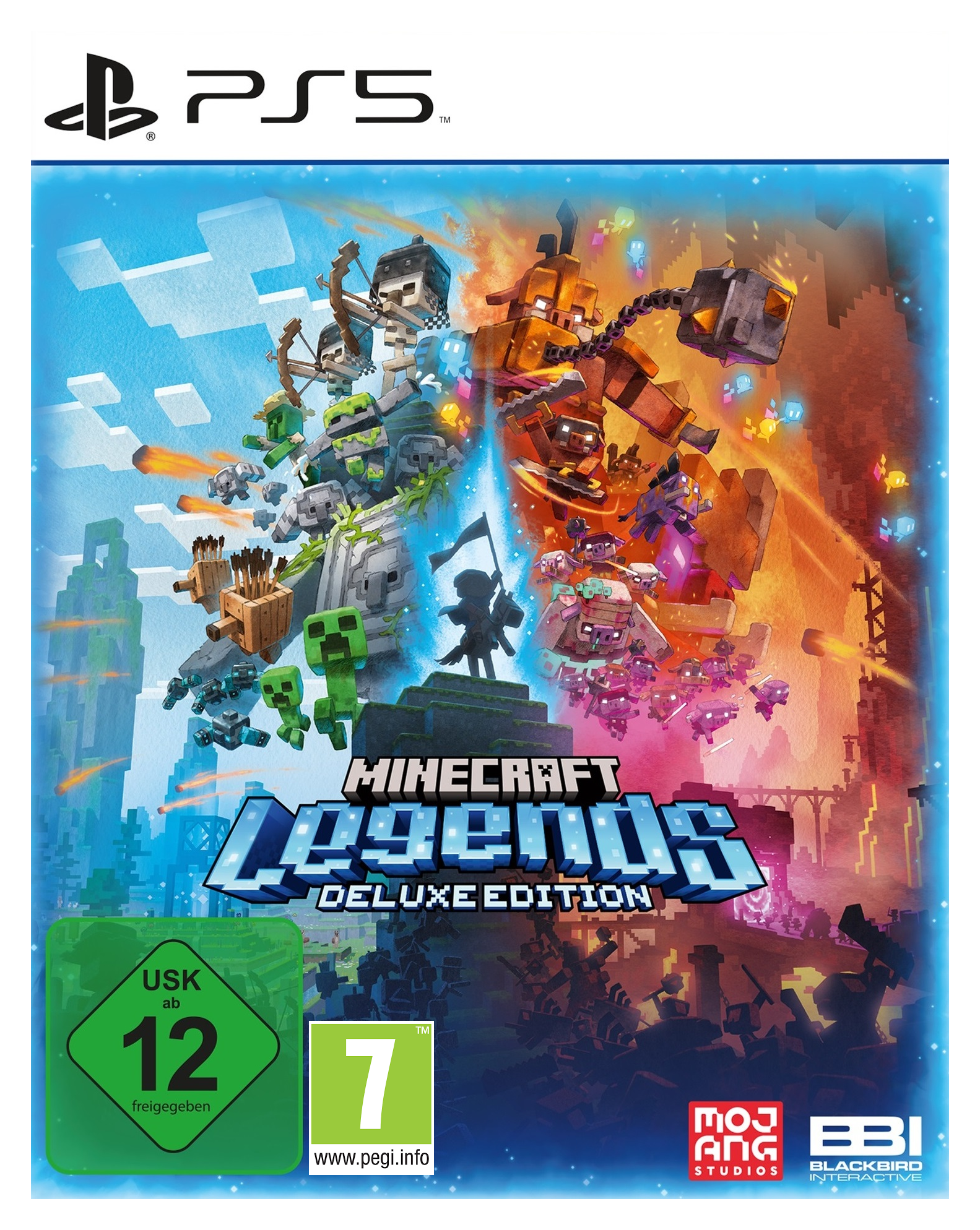 Minecraft Legends Deluxe Edition Spielcover mit Charakteren und Logos, mit PS5-Logo oben links.