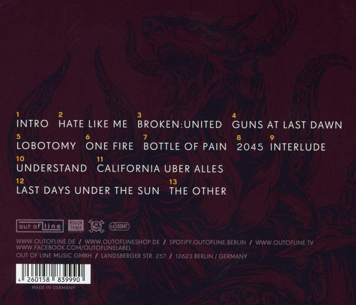 Album-Rückseite mit Songtiteln und Credits. Text: Out of Line, Rough Trade. Made in Germany.