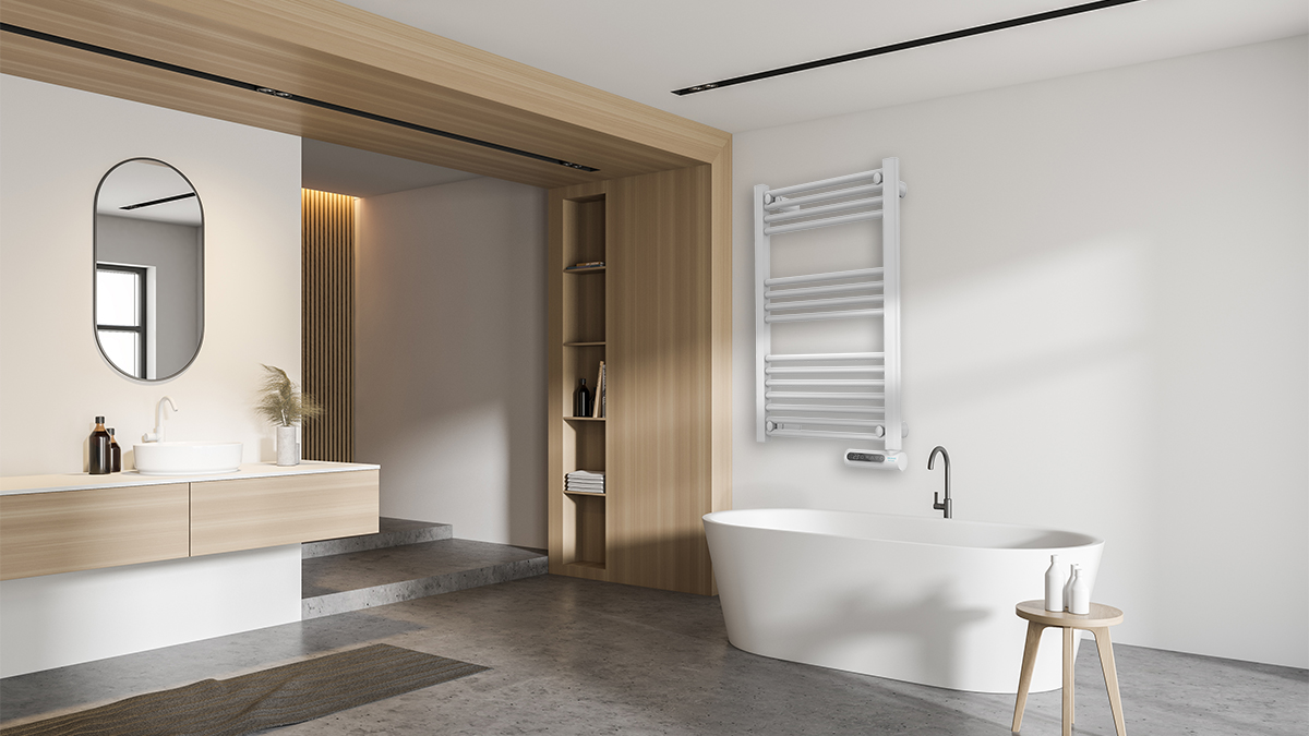 Baño moderno con bañera, calentador y lavabo blancos. Colores neutros, detalles de madera y diseño minimalista crean serenidad.