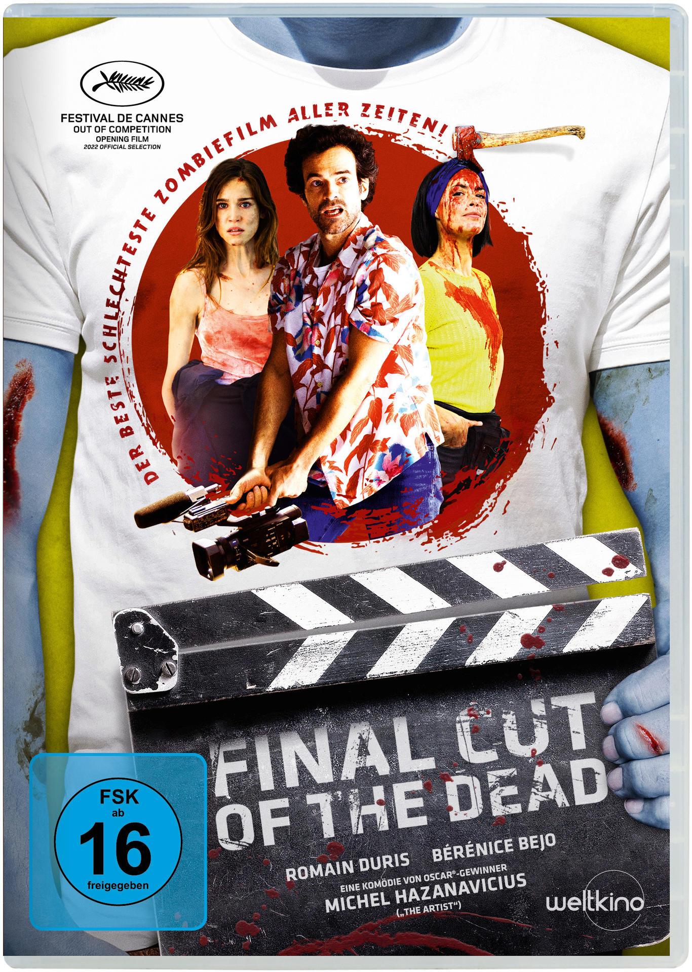 DVD-Hülle mit Filmplakat eines Zombiefilms. Schauspieler und Filmtitel auf dem weißen T-Shirt.