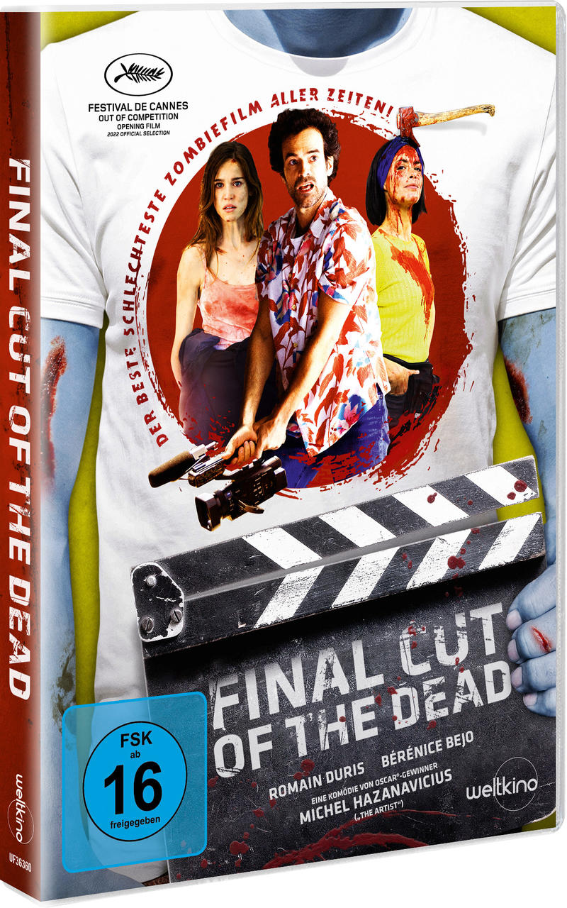 DVD-Hülle für den Film 'Final Cut of the Dead'. Sie hat ein T-Shirt-Design mit Schauspielern und einer Klappe.