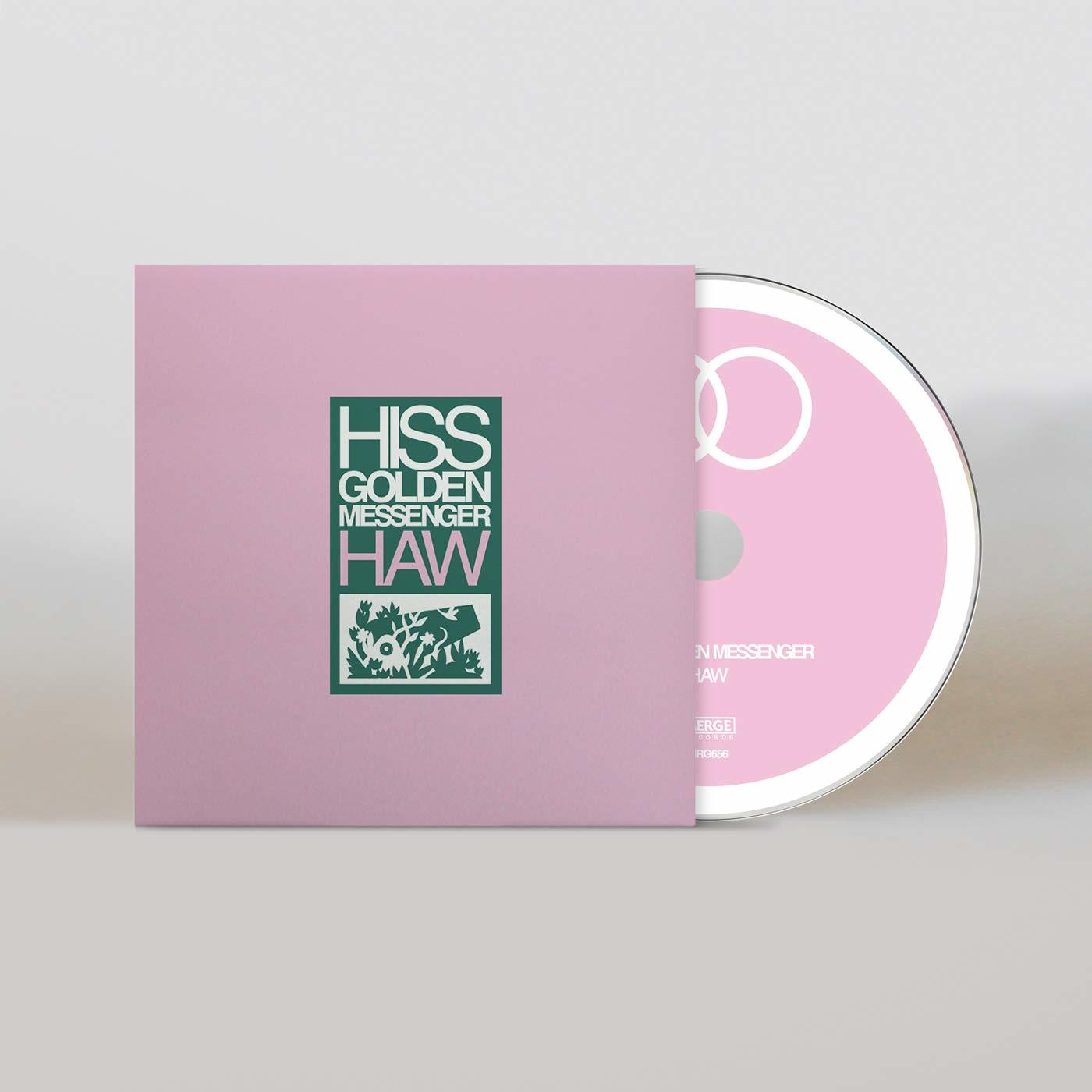 Eine CD-Hülle mit rosa-grünem Design und dem Albumtitel 'HISS GOLDEN MESSENGER HAW'.