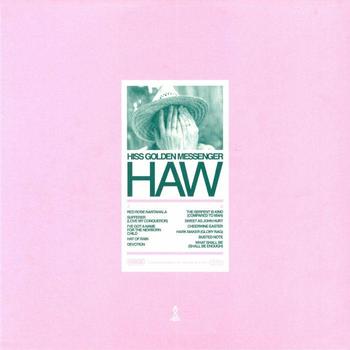 Albumcover von 'Hiss Golden Messenger - HAW'. Eine Person verdeckt ihr Gesicht mit einem Hut.
