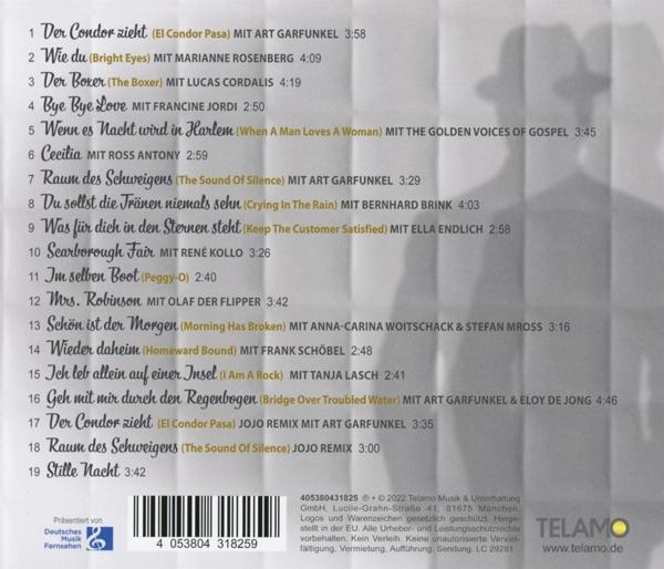 Rückseite der CD-Hülle mit Titelliste, Text und einer Silhouette eines Mannes mit Hut.