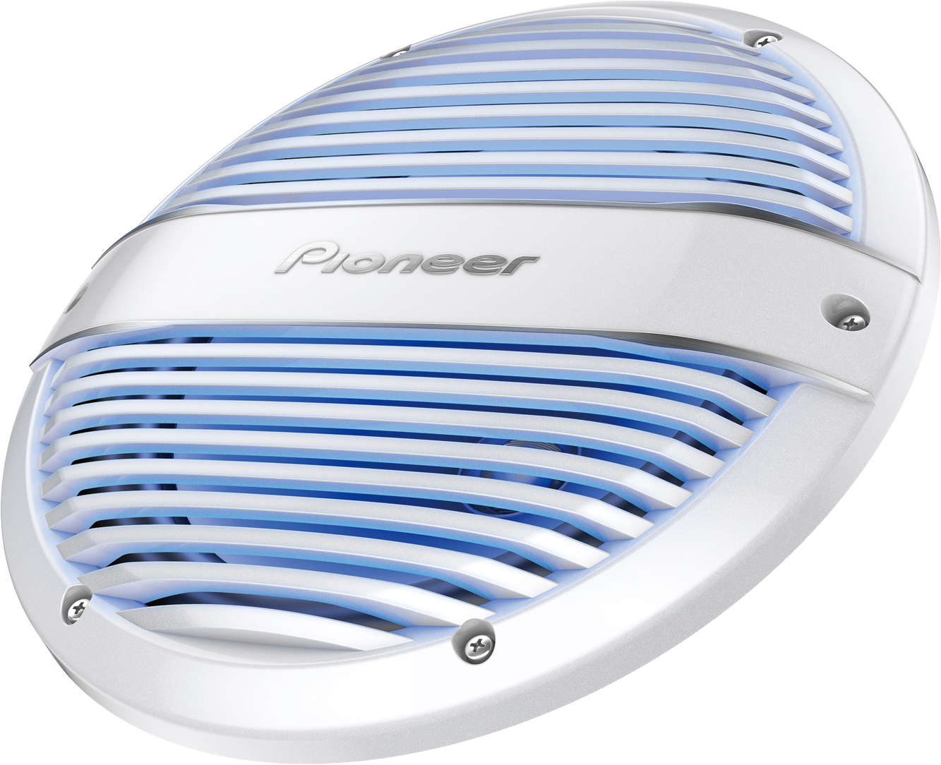Fehér ovális hangszóró Pioneer logóval és kék LED-es lámpákkal. Sötét háttér előtt van elhelyezve.