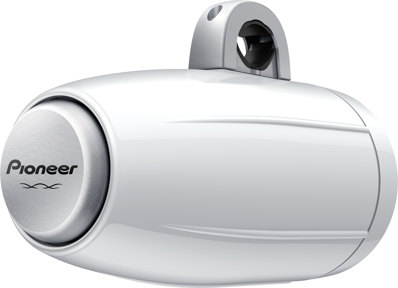 Fehér Pioneer hangszóró hengeres testtel és rögzítő konzollal.