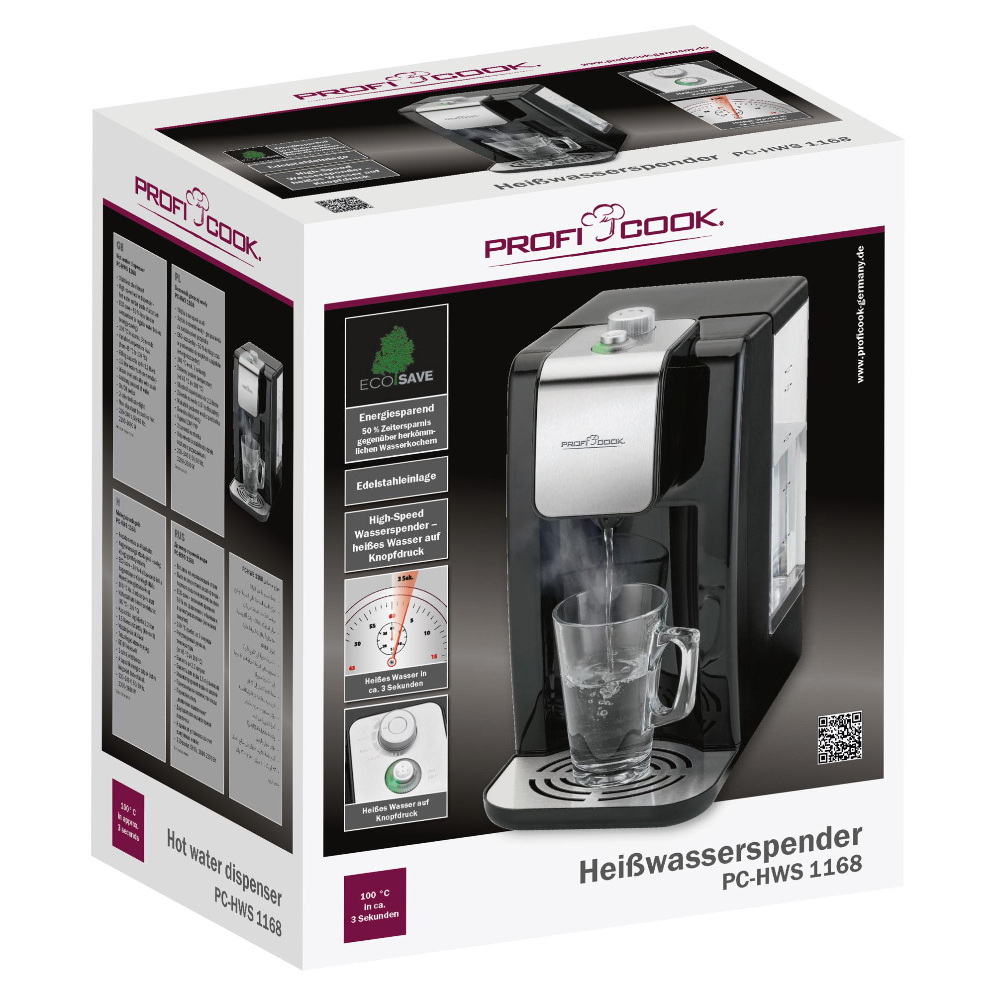 Ein Heißwasserspender mit Tasse, Karton und Produktname.