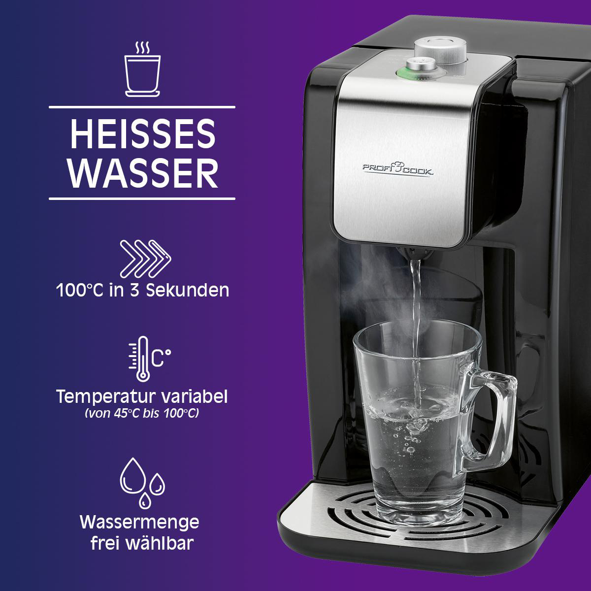Wasserspender, der Wasser in ein Glas gießt, mit Text über Heißwasserfunktionen.