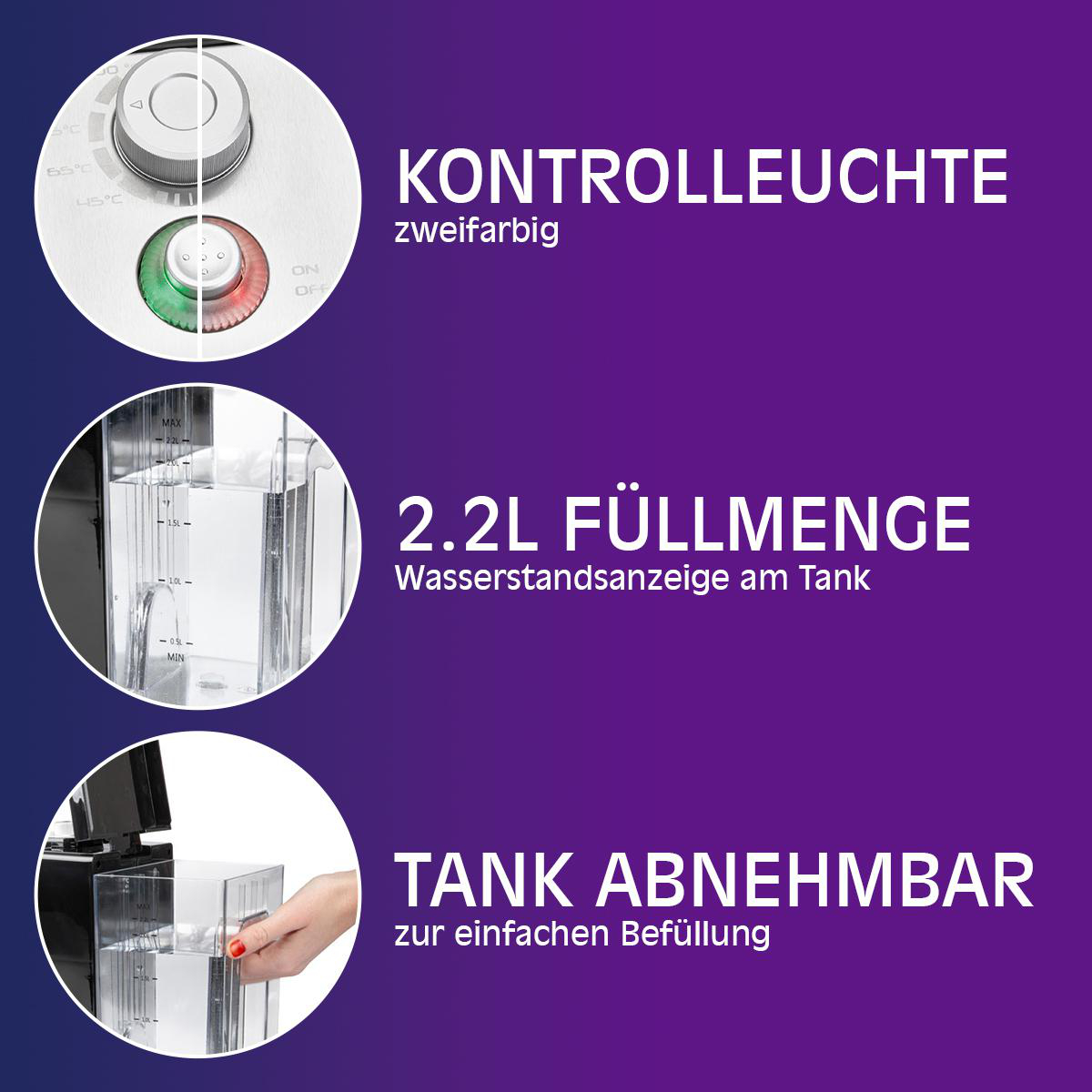 Diagramm eines silbernen Drehknopfs, Wassertanks und abnehmbaren Tankinfos.