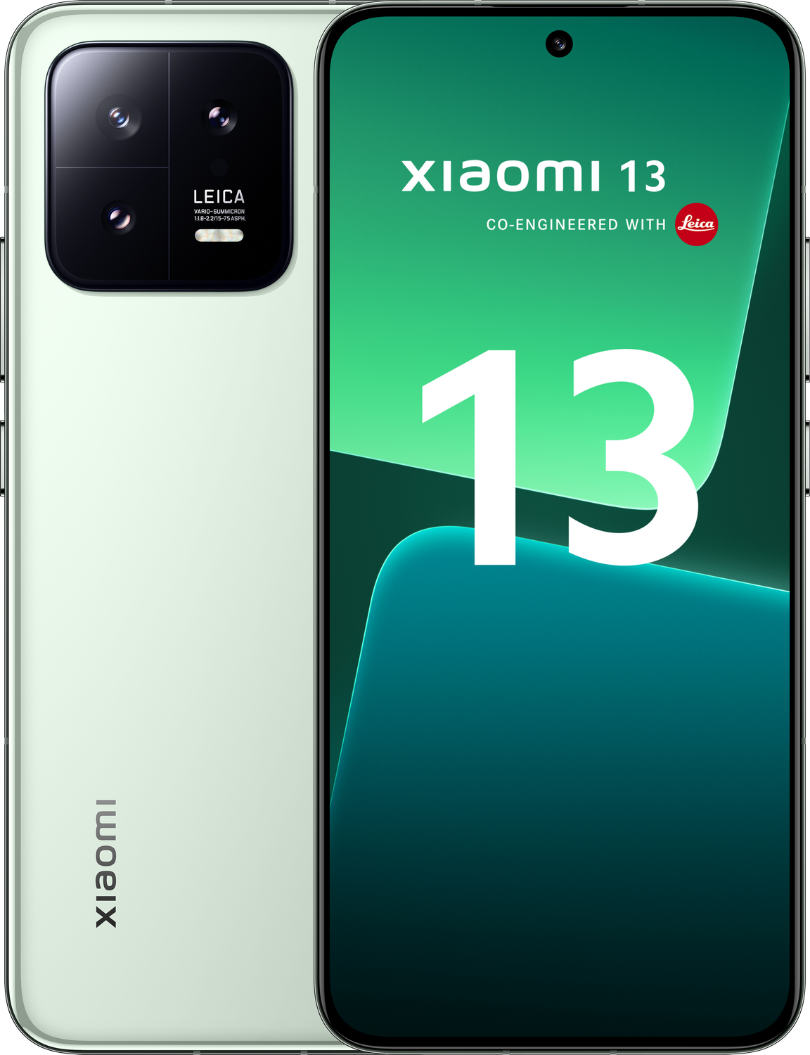 Teléfono Xiaomi 13. Parte trasera verde con configuración de cámara Leica. Texto blanco en el teléfono: "Xiaomi 13" y "Leica".
