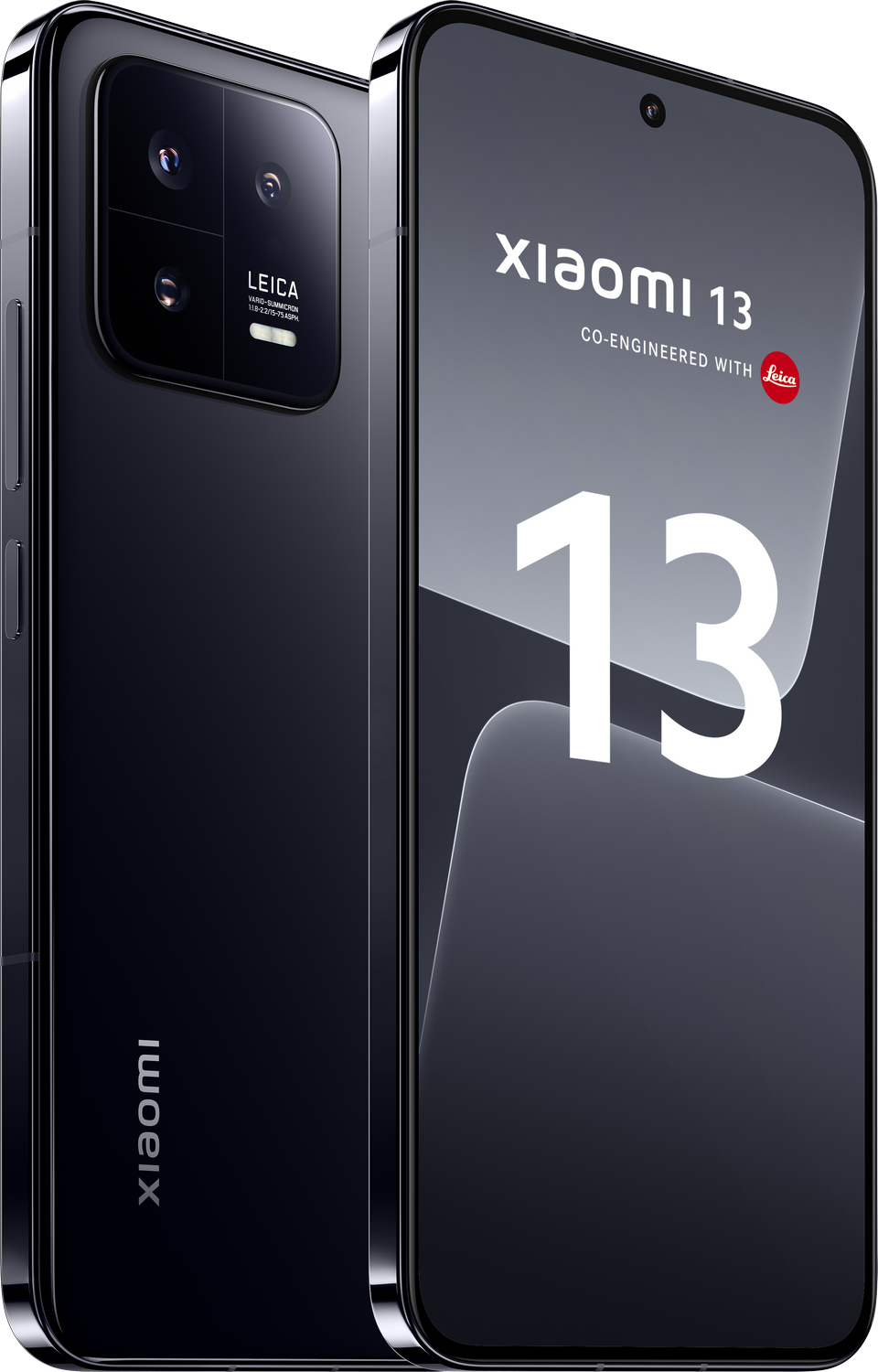 Smartphone negro con configuración de triple cámara y marca Leica en superficie reflectante.