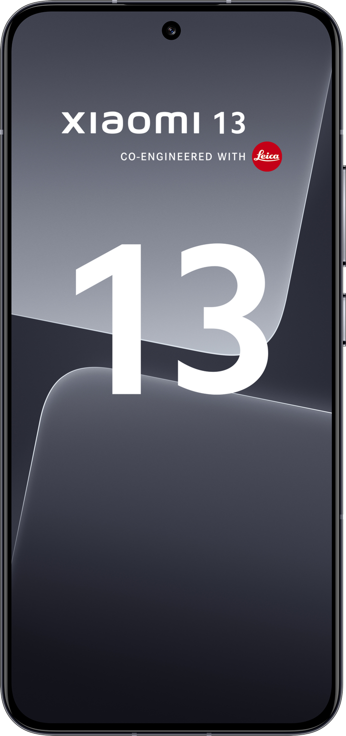 Teléfono Xiaomi 13, negro, con marca Leica, sobre un fondo degradado con texto '13' grande.