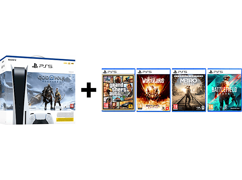 Sony Playstation 5 Disk Edition + God Of War: Ragnarök Grand Theft Auto V Tiny Tina’s Wonderlands Metro Exodus Battlefield 2042 Bundel