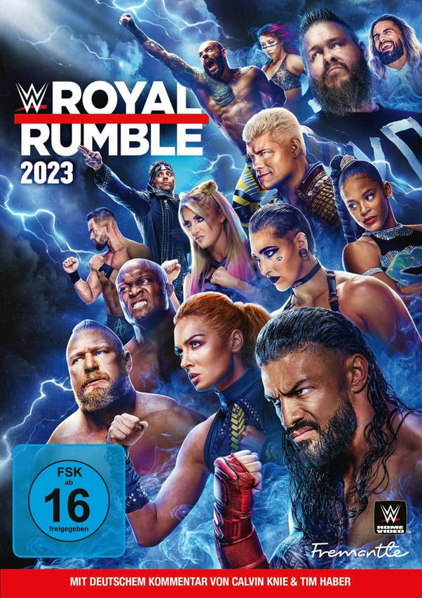Poster für WWE Royal Rumble 2023. Enthält mehrere Wrestler in Action-Posen vor blauem Hintergrund.