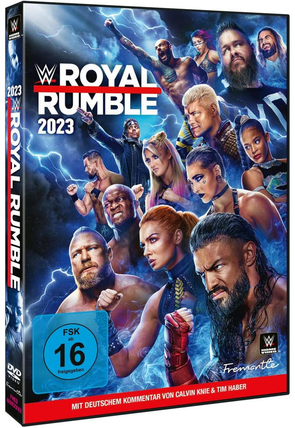 DVD-Cover für WWE Royal Rumble 2023 mit Wrestlern und einem rot-schwarzen Design.
