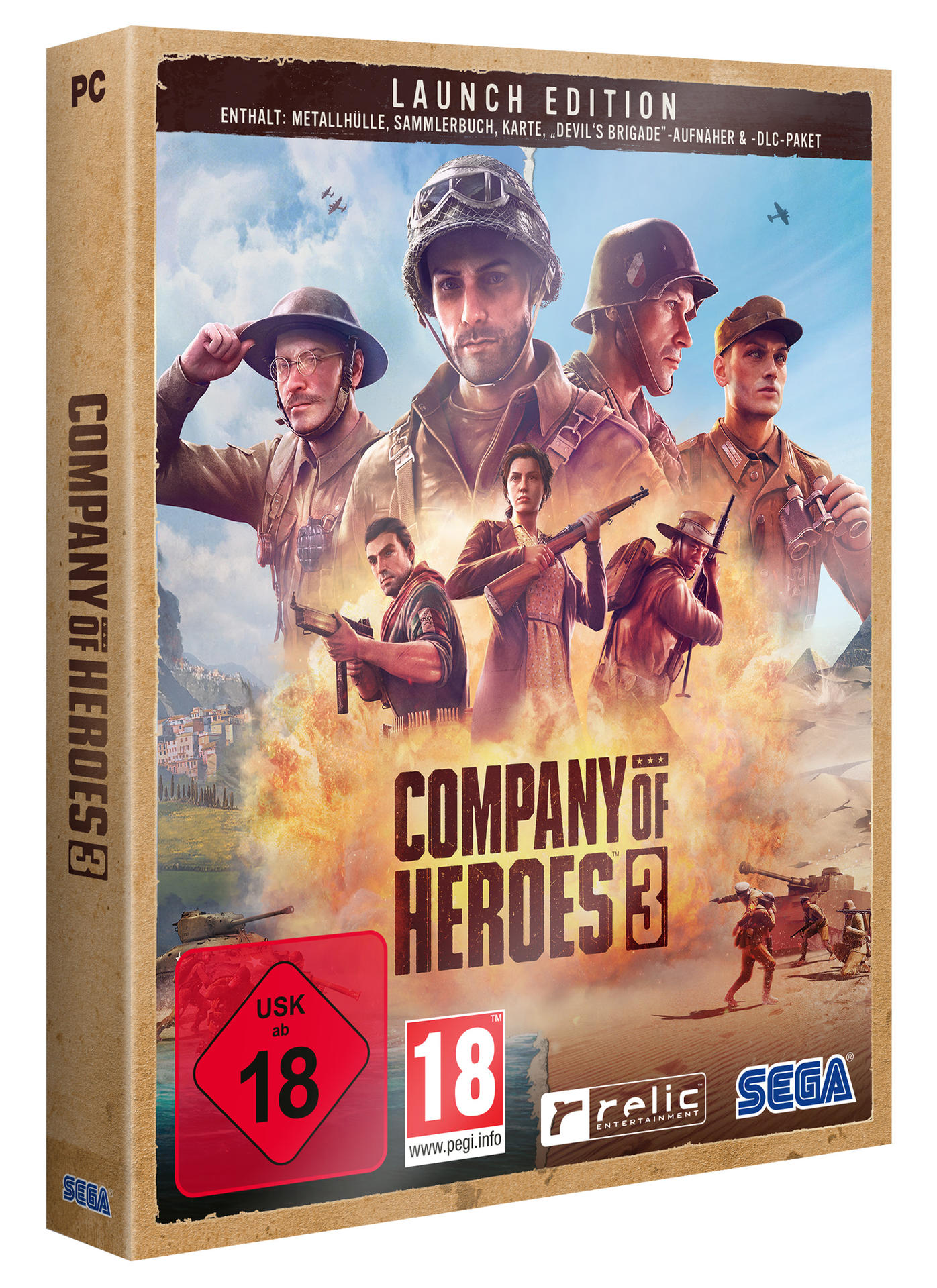 Company of Heroes 3 Spielbox. Auf der Box sind Soldaten in Kampfkleidung vor einer kriegszerissenen Kulisse zu sehen.