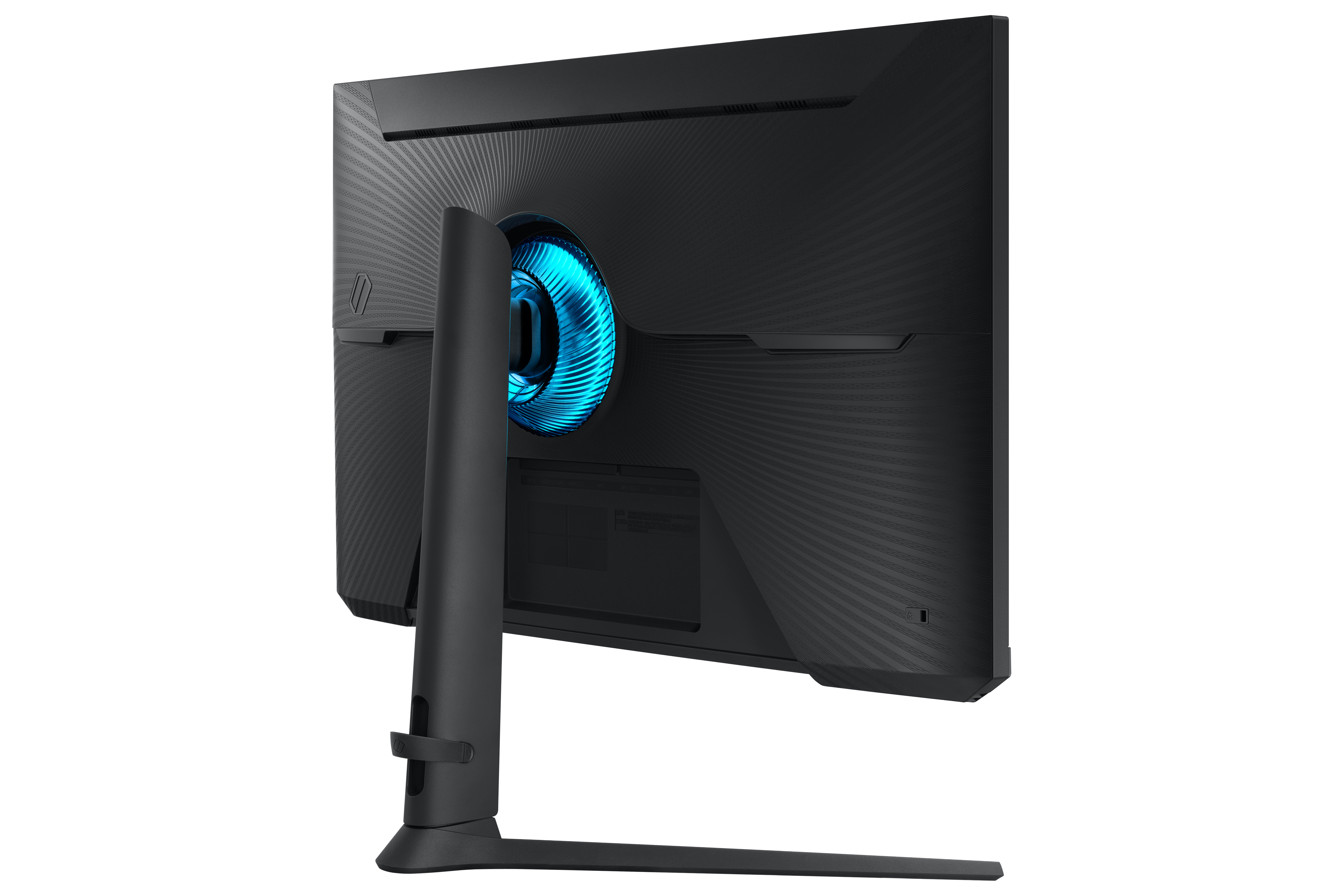 Schwarzer und blauer Gaming-Monitor. Die Rückseite des Monitors wird gezeigt, mit einer blauen Lichtfunktion.