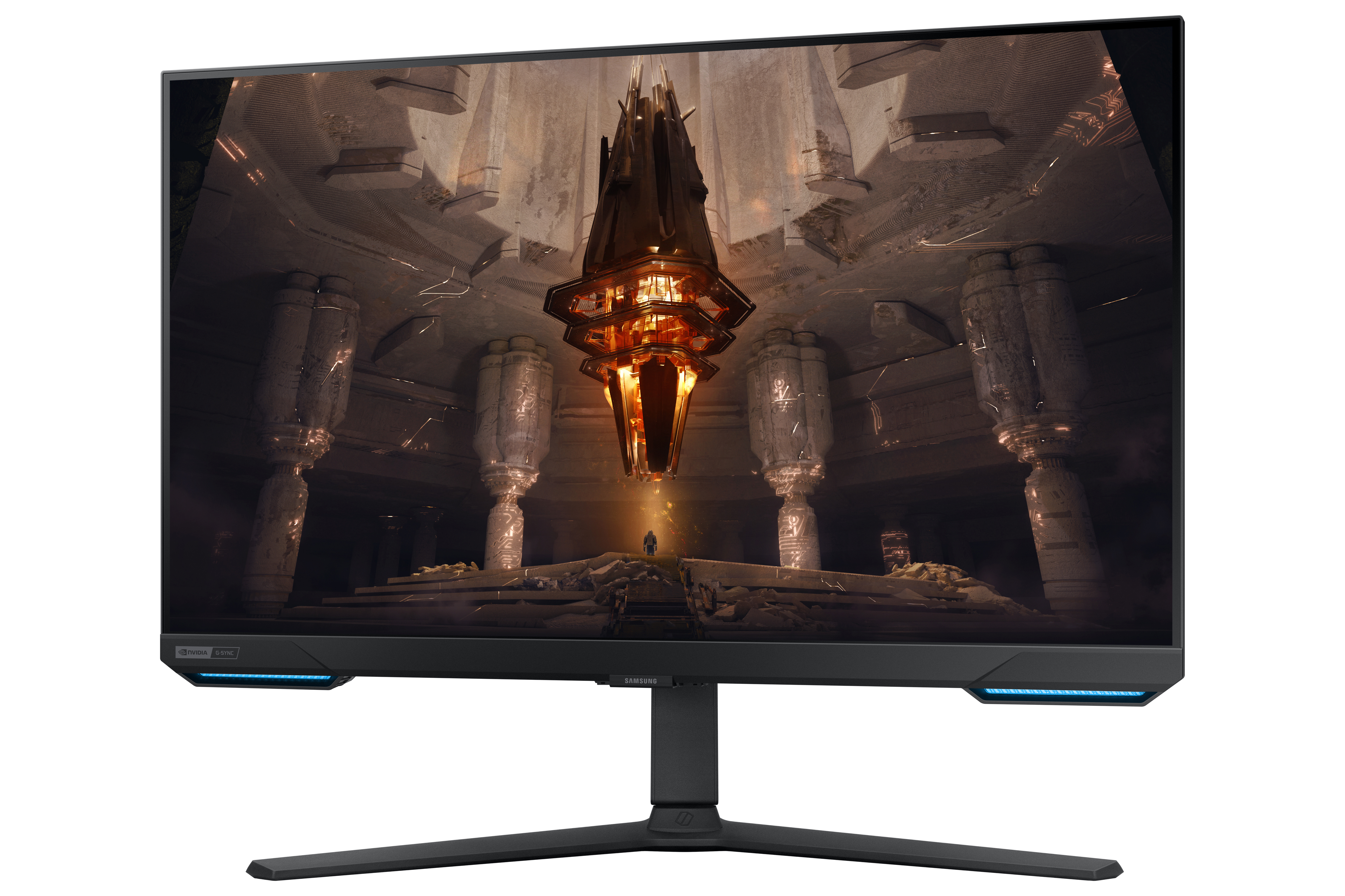Ein schwarzer Samsung-Monitor mit einer futuristischen Spielszene auf dem Bildschirm.