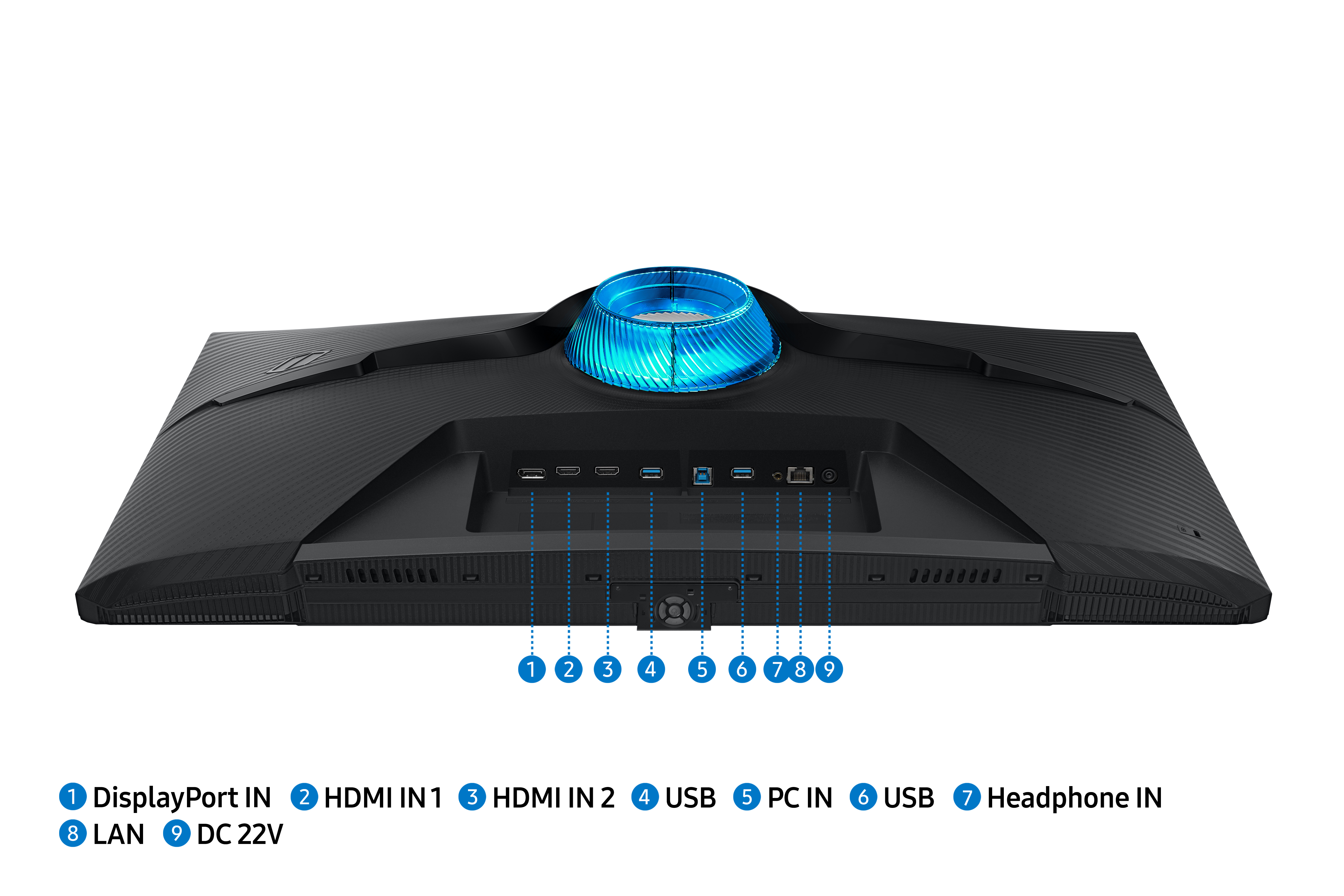 Ein schwarzer Computermonitor mit blauem Licht. Ports und Beschriftungen sind sichtbar.