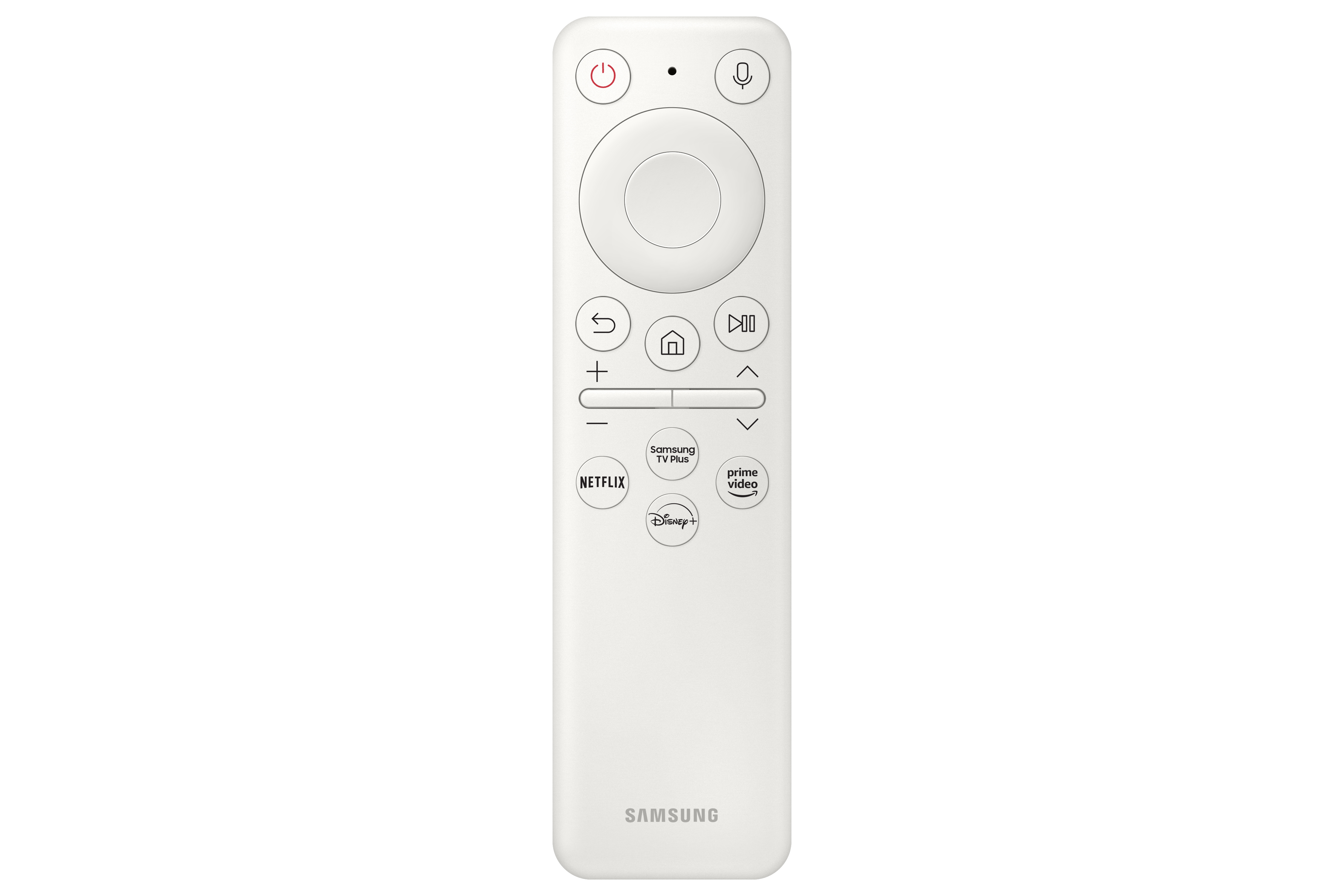 Eine weiße Samsung-Fernbedienung mit Ein-/Aus-, Mikrofon- und Navigationstasten. Sie hat Netflix- und Disney+-Tasten.