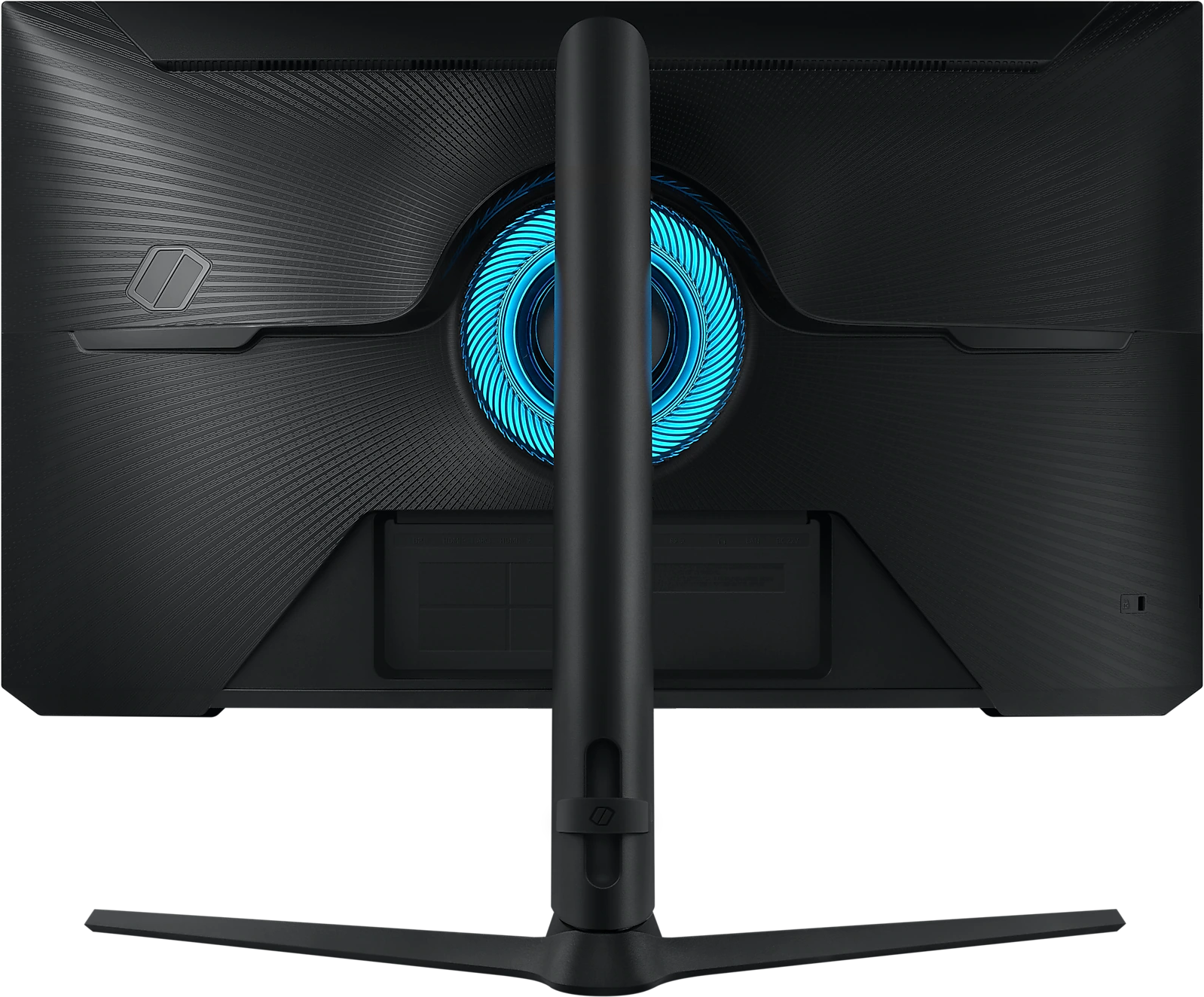 Fekete Samsung gamer monitor hátulja kék kör alakú fénnyel és állvánnyal.