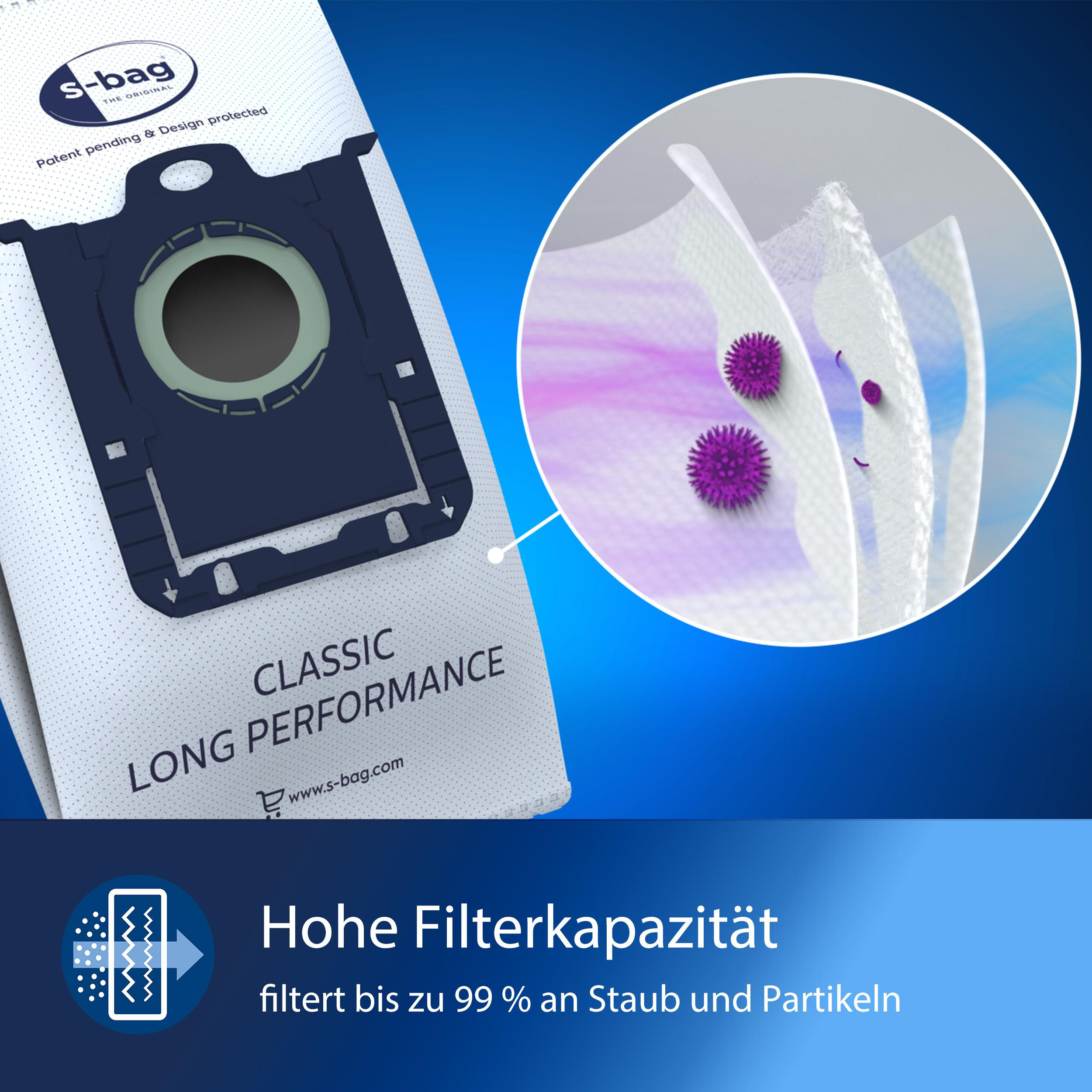 Nahaufnahme eines Staubsaugerbeutels mit Filter, Text: Hohe Filterkapazität filtert bis zu 99% an Staub und Partikeln.