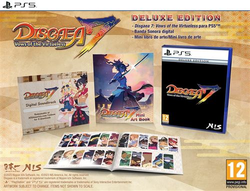 Paquete de juego Disgaea 7 Deluxe Edition con varios elementos, incluyendo una caja de juego y un libro de arte.