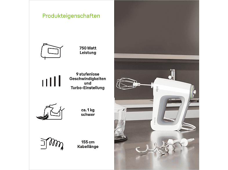 Thumbnail - BRAUN MultiMix 5 HM 5137 Handmixer Weiß/Grau (750 Watt, 500 ml Zerkleinerer, 600 Mix- und Messbecher l)