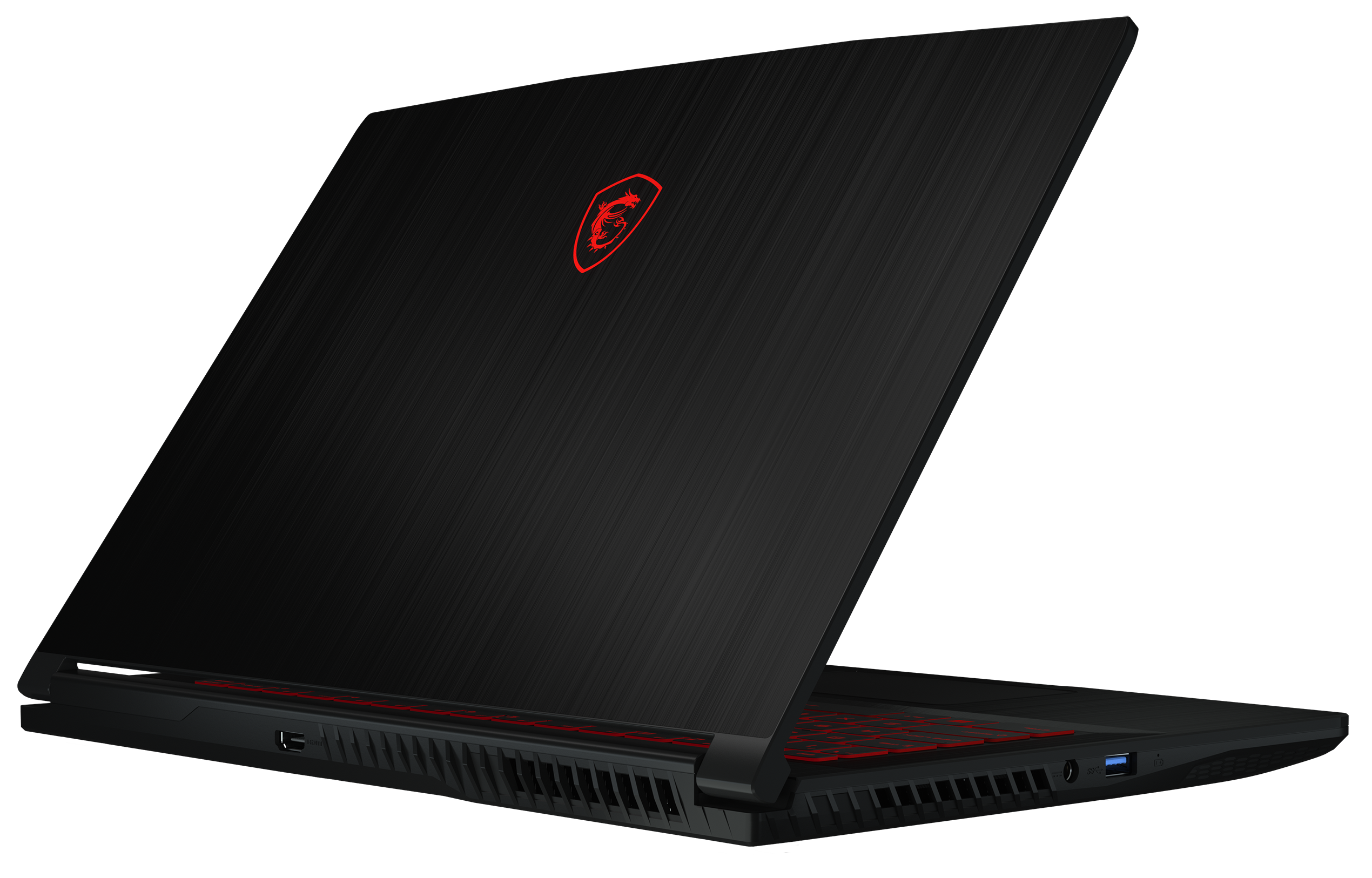 Schwarzer Laptop mit rotem Logo. Er ist in einem Winkel geöffnet.