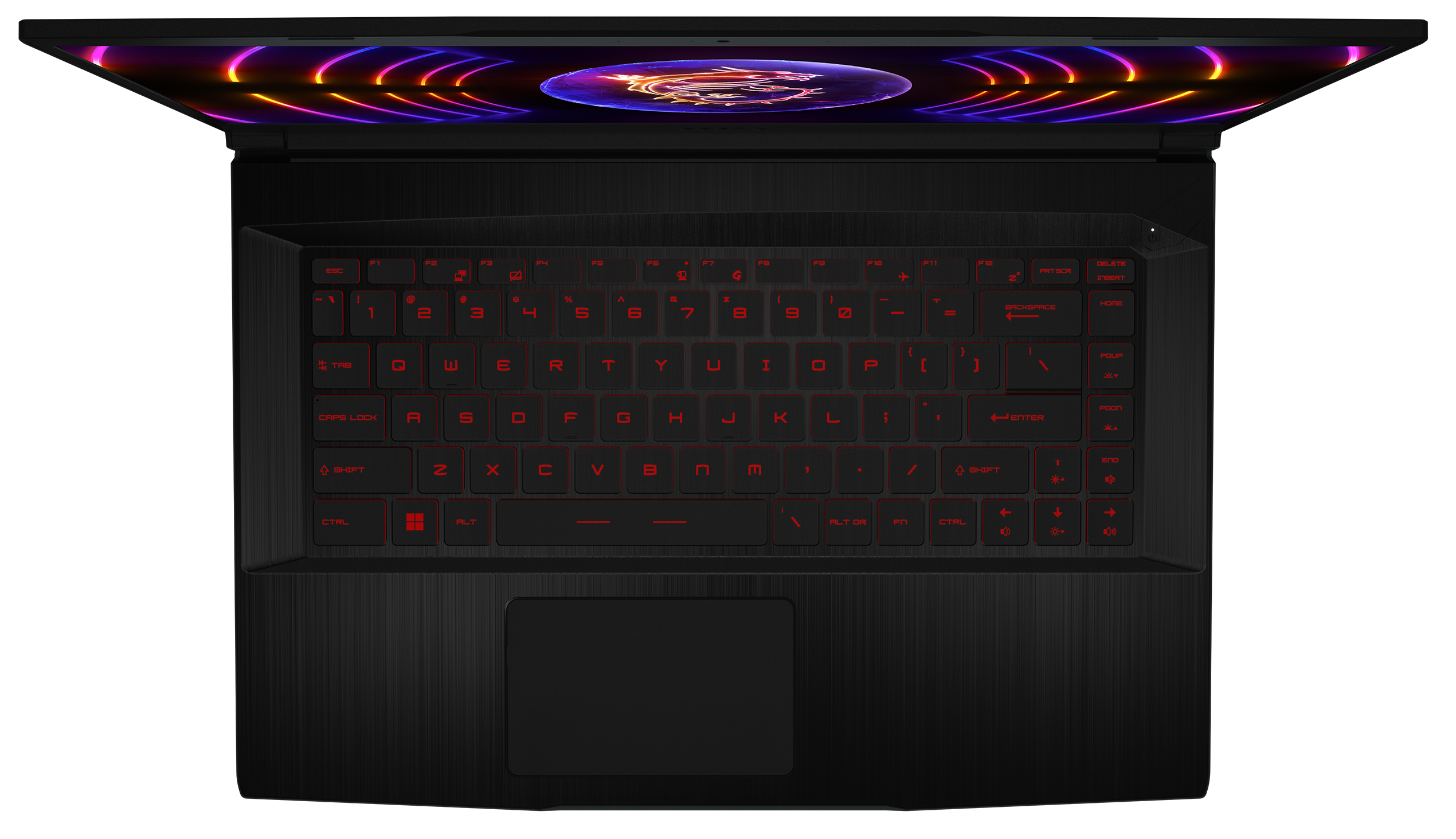 Eine Draufsicht auf einen schwarzen Laptop mit einer rot hinterleuchteten Tastatur.
