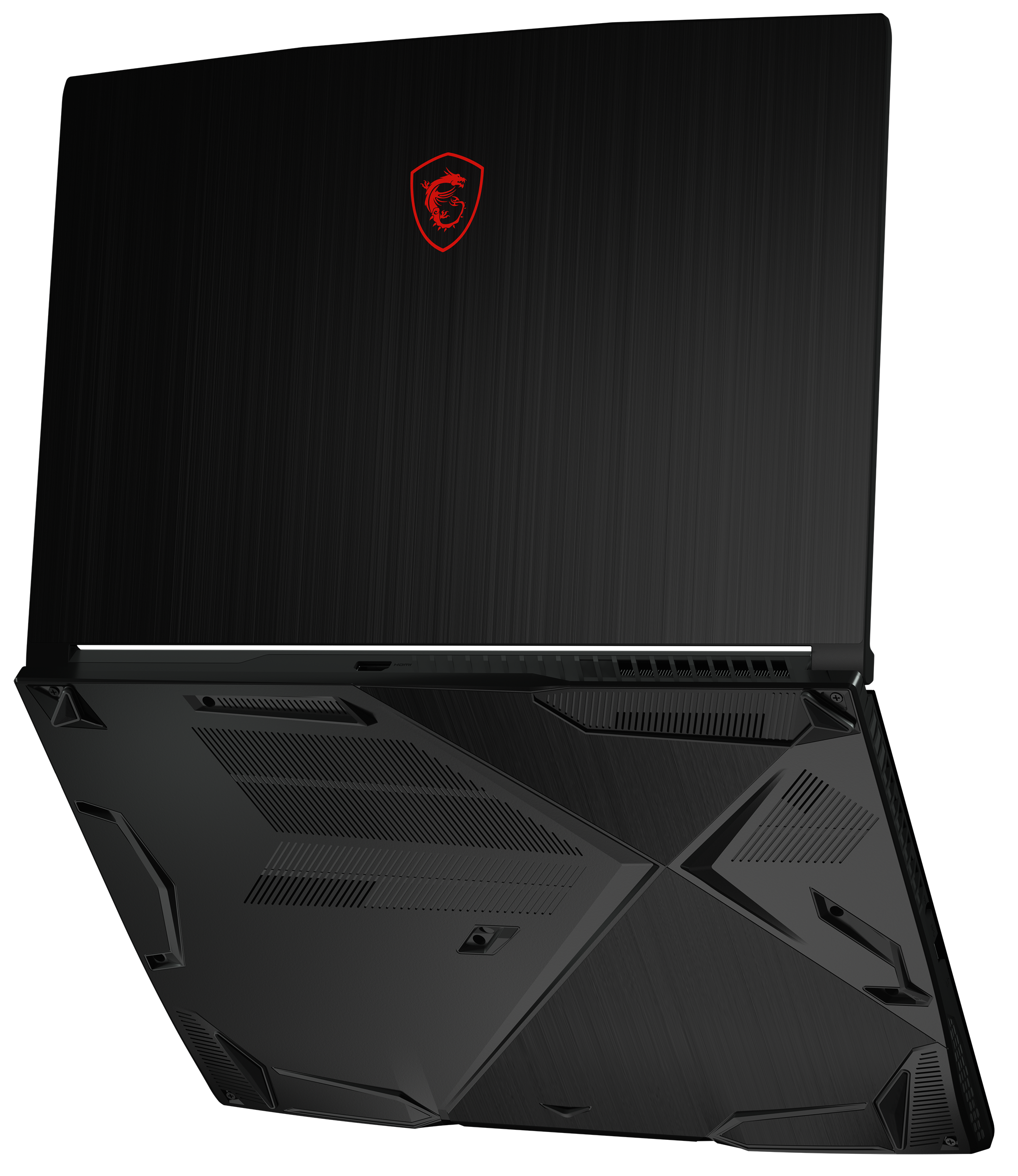 Schwarzer Laptop. Rotes MSI-Logo. Der Laptop befindet sich auf schwarzem Hintergrund.