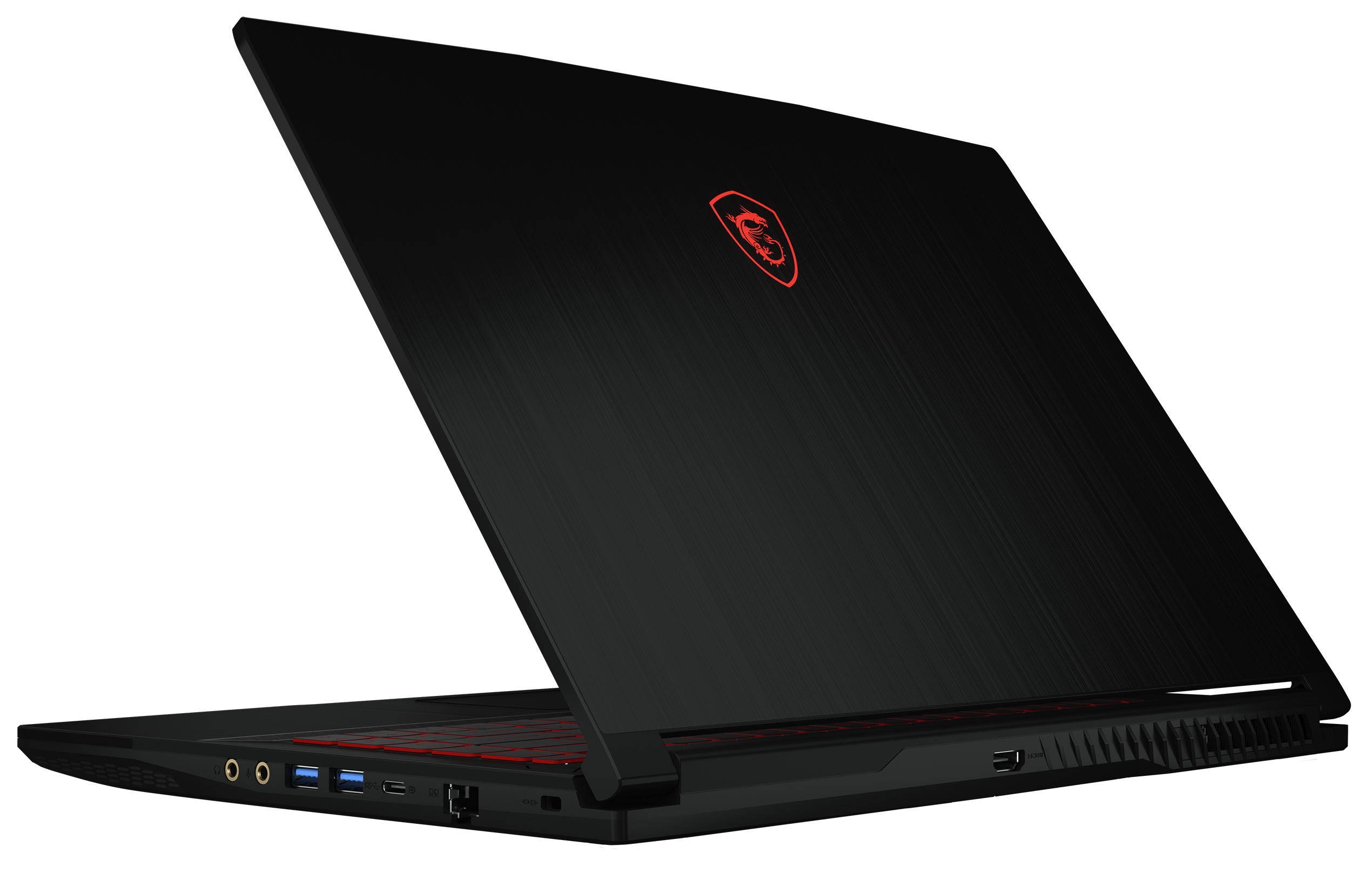 Ein schwarzer Laptop mit dem MSI-Logo in Rot, von hinten gesehen, teilweise geöffnet.